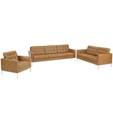 Modway Loft Armchair Loveseat and Sofa Set Leather 3 Piece Set
