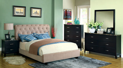 Roxanne Velvet Upholstered Platform Bed (Beige & Dark Brown)