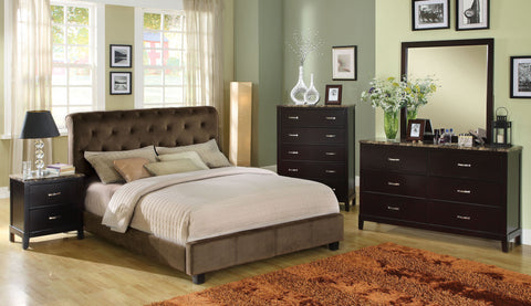Roxanne Velvet Upholstered Platform Bed (Beige & Dark Brown)