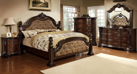 Frederic Low-Poster Bed with Dark Brown Leatherette Upholstered Headboard (Dark Brown & Ivory)