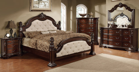 Frederic Low-Poster Bed with Dark Brown Leatherette Upholstered Headboard (Dark Brown & Ivory)